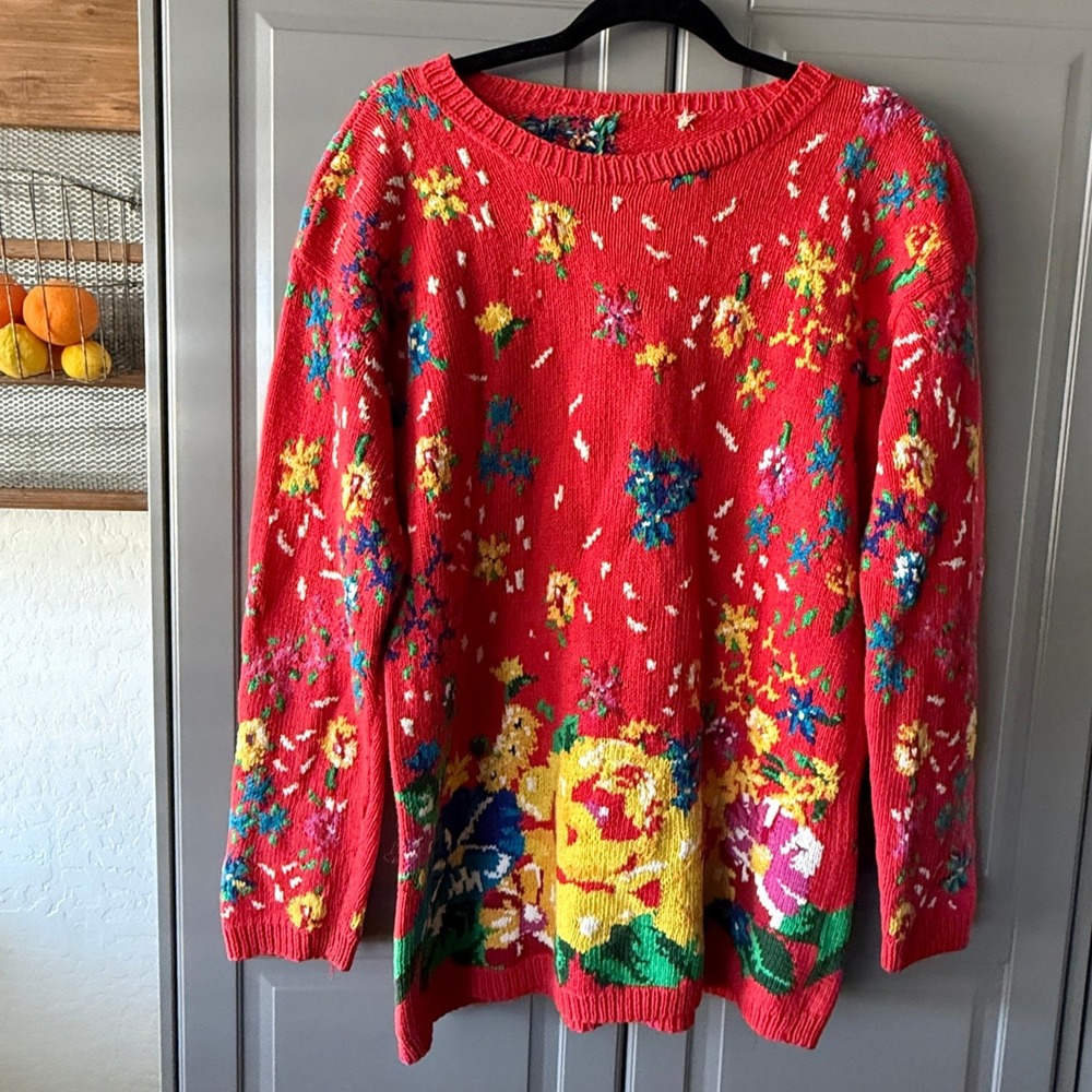 Vintage 90s Cottagecore Floral Multicolor Knit Crew Neck LS‎ Sweater, Red,L